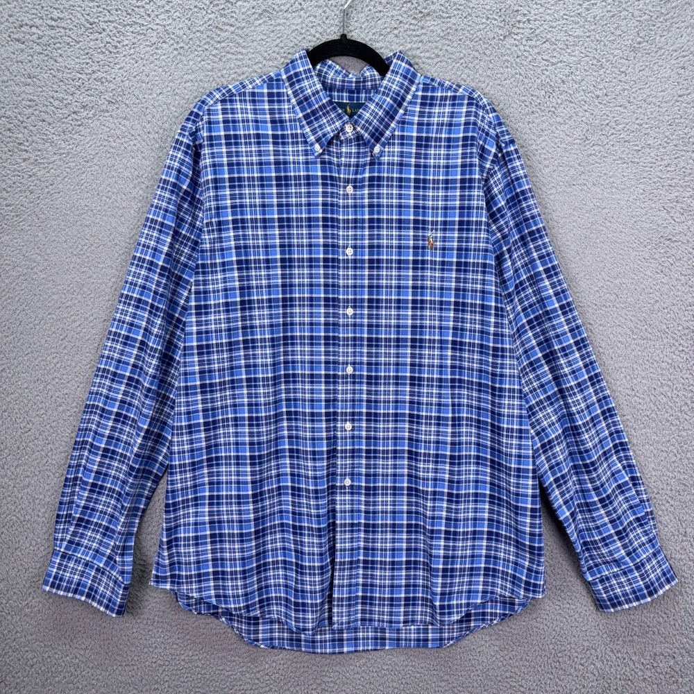 Polo Ralph Lauren Shirt Mens XL Blue Plaid Button Up Preppy Office Flesh Pony